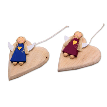 Heart of Angels Heart-Shaped Albesia Wood Angel Ornaments from Bali (Pair)