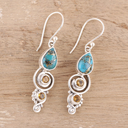 Glistening Curl Citrine and Composite Turquoise Dangle Earrings from India