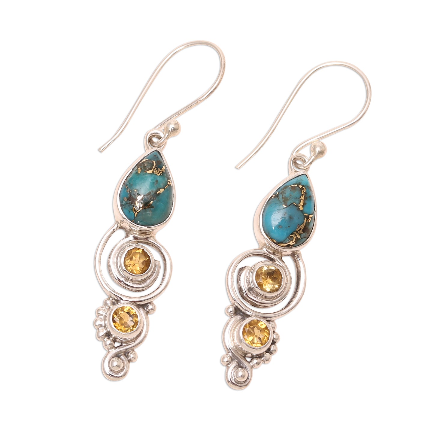 Glistening Curl Citrine and Composite Turquoise Dangle Earrings from India