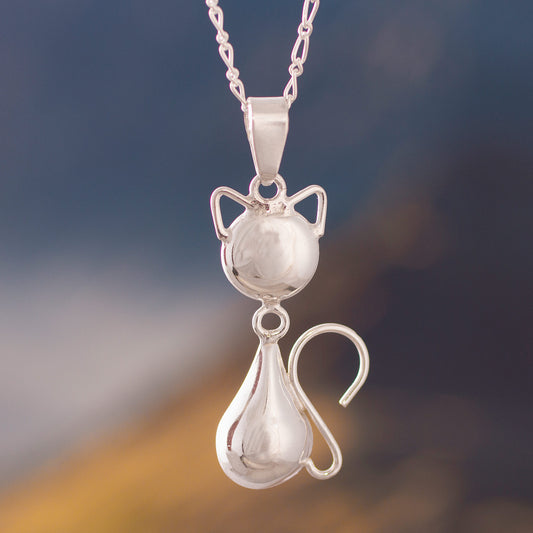 Delightful Cat Cat-Themed Sterling Silver Pendant Necklace from Peru