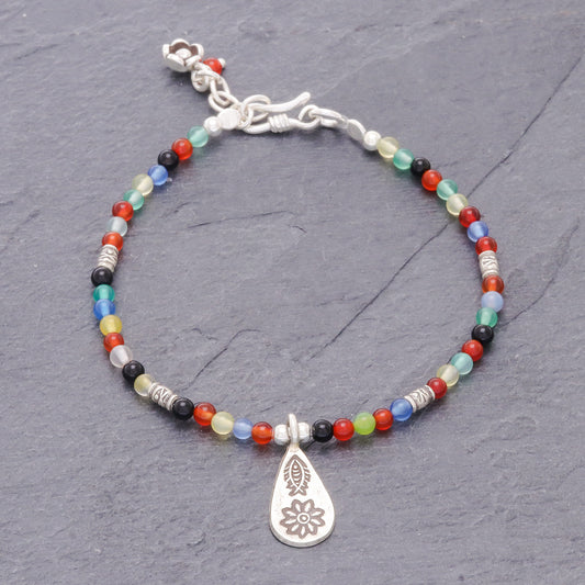 Hill Tribe Rainbow Chalcedony Beaded Bracelet with Karen Silver Charm