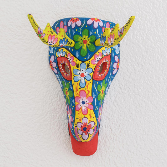 Floral Deer in Blue Floral Wood Deer Mask in Blue from Guatemala