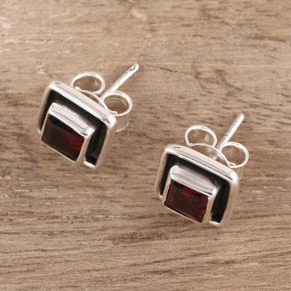 Fire Frame Faceted Garnet Square Stud Earrings from India