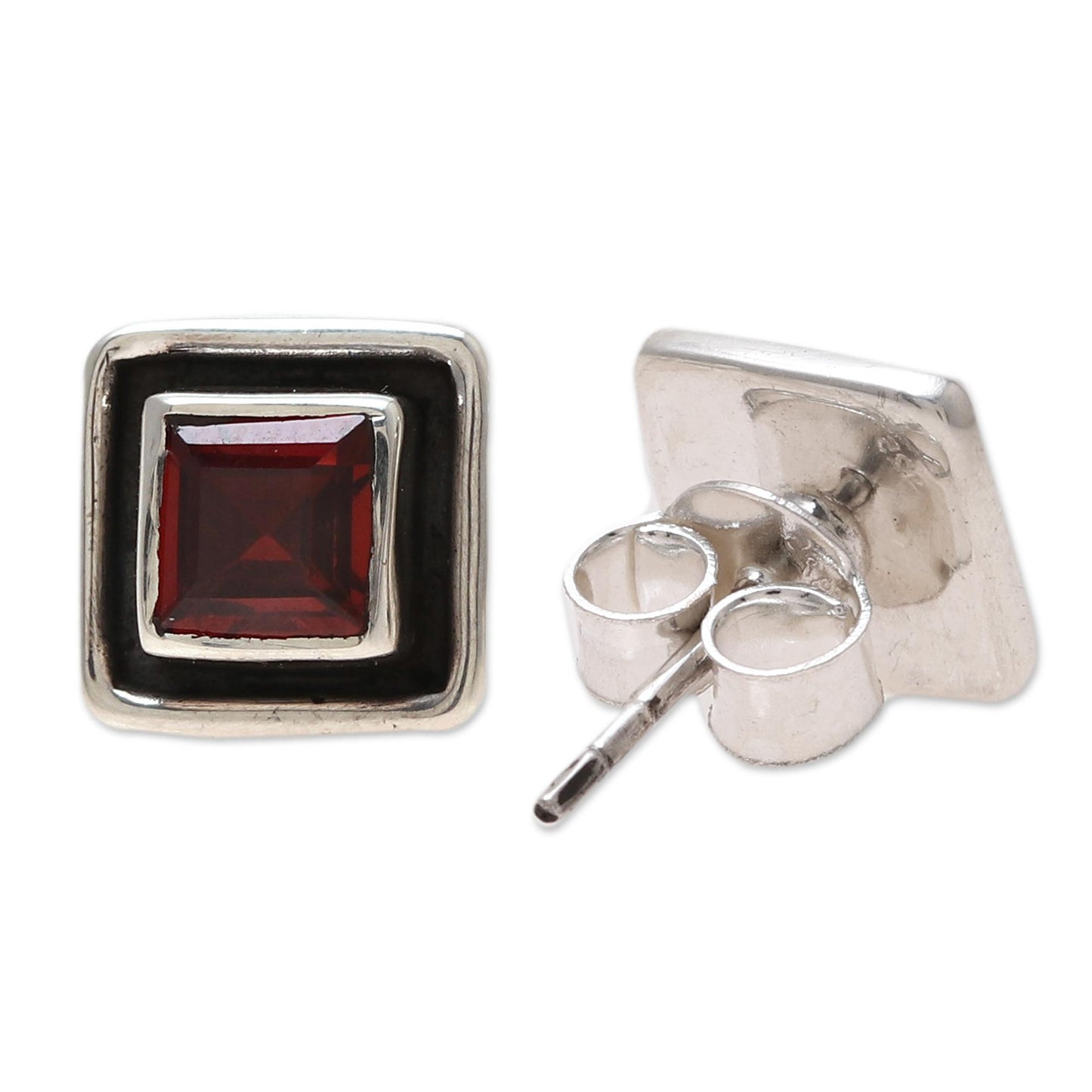 Fire Frame Faceted Garnet Square Stud Earrings from India