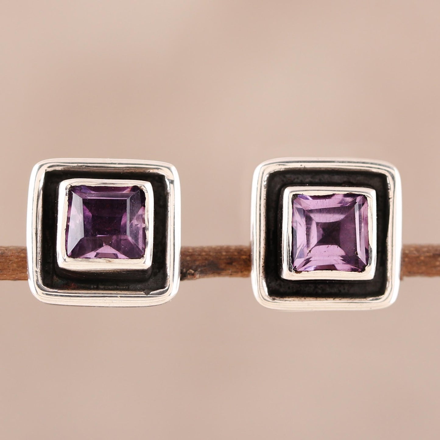 Regal Frame Square Amethyst Stud Earrings from India