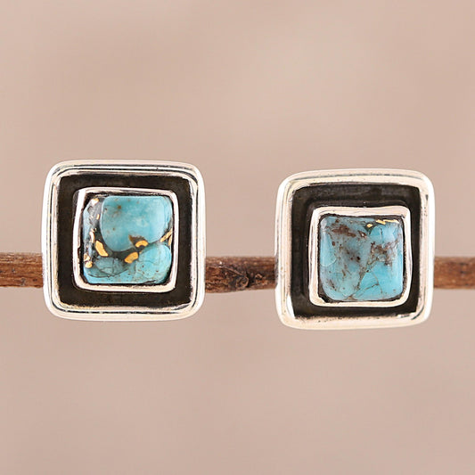 Mystic Frame Square Sterling Silver and Composite Turquoise Stud Earrings