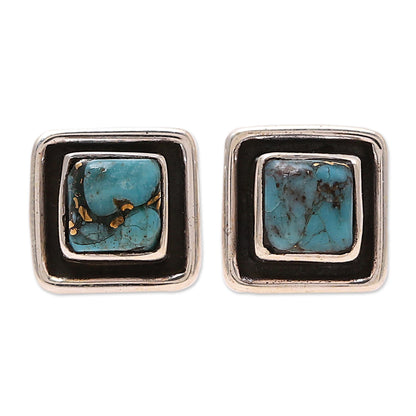 Mystic Frame Square Sterling Silver and Composite Turquoise Stud Earrings