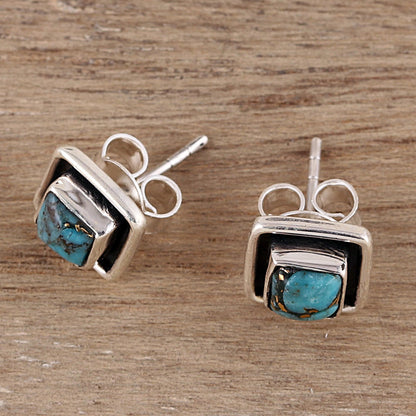 Mystic Frame Square Sterling Silver and Composite Turquoise Stud Earrings