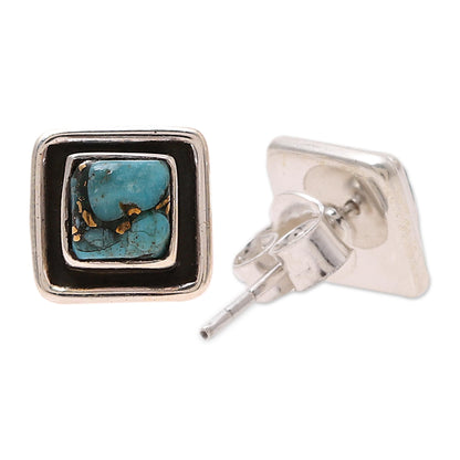 Mystic Frame Square Sterling Silver and Composite Turquoise Stud Earrings