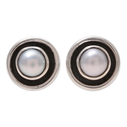 Graceful Frames Circular Cultured Pearl Stud Earrings from India