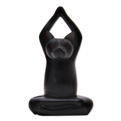 Toward the Sky Black Yoga Cat Black Suar Wood Asana Pose Yoga Cat Sculpture from Bali