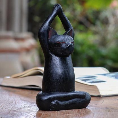 Toward the Sky Black Yoga Cat Black Suar Wood Asana Pose Yoga Cat Sculpture from Bali