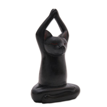 Toward the Sky Black Yoga Cat Black Suar Wood Asana Pose Yoga Cat Sculpture from Bali