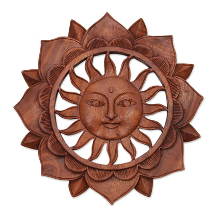 Sun Flower Floral Sun-Themed Suar Wood Relief Panel from Bali