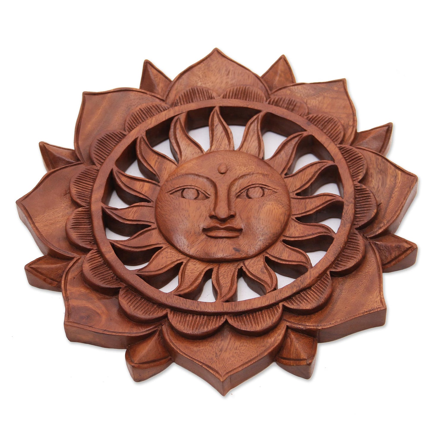 Sun Flower Floral Sun-Themed Suar Wood Relief Panel from Bali