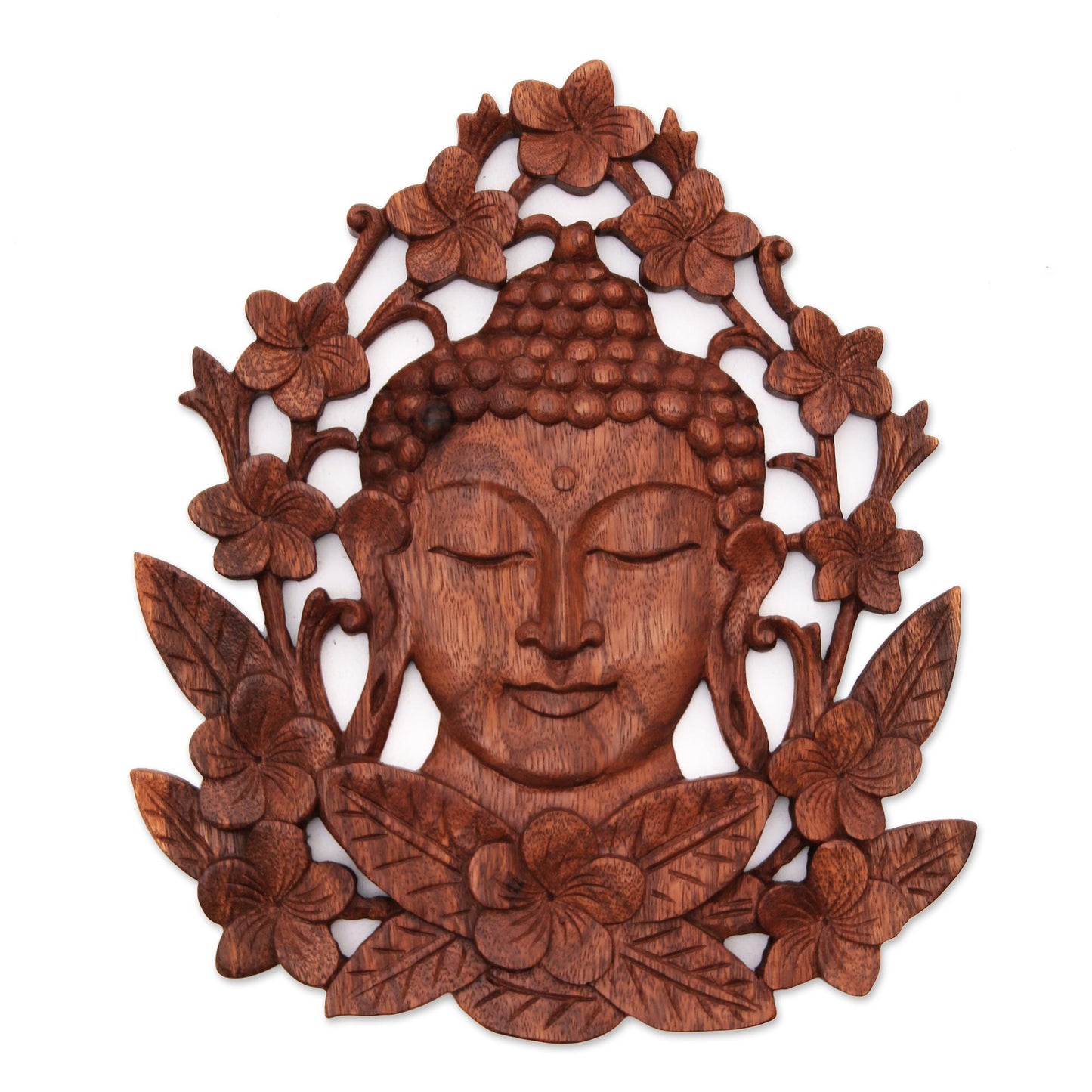 Flowery Buddha Floral Buddha-Themed Suar Wood Relief Panel from Bali