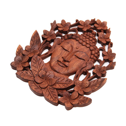 Flowery Buddha Floral Buddha-Themed Suar Wood Relief Panel from Bali