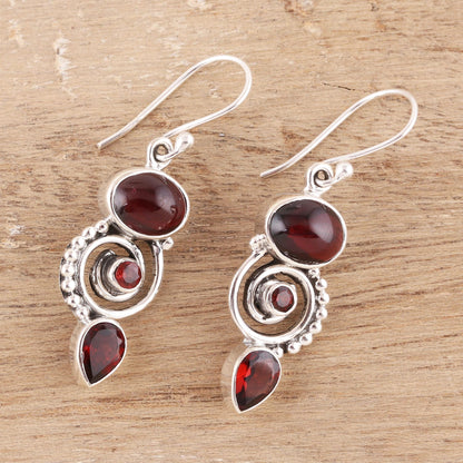 Fiery Labyrinth Garnet and Sterling Silver Spiral Dangle Earrings