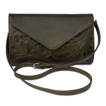 Historic Floral in Moss Floral Pattern Leather Handbag in Moss from Mexico