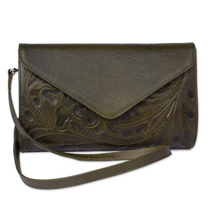Historic Floral in Moss Floral Pattern Leather Handbag in Moss from Mexico