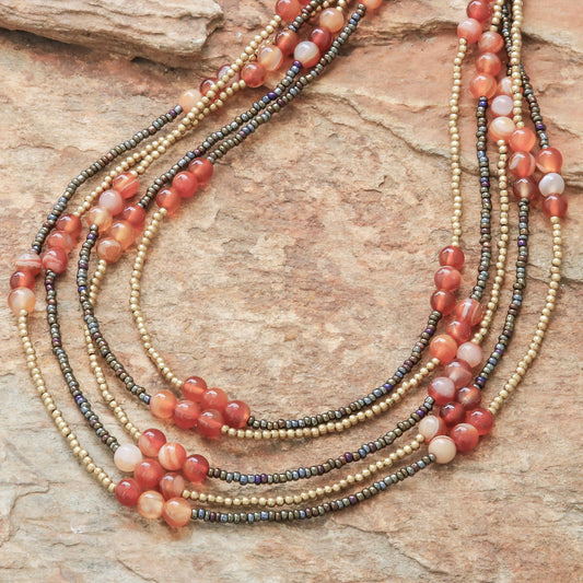 Boho Elegance in Red-Orange Carnelian Beaded Strand Necklace from Thailand