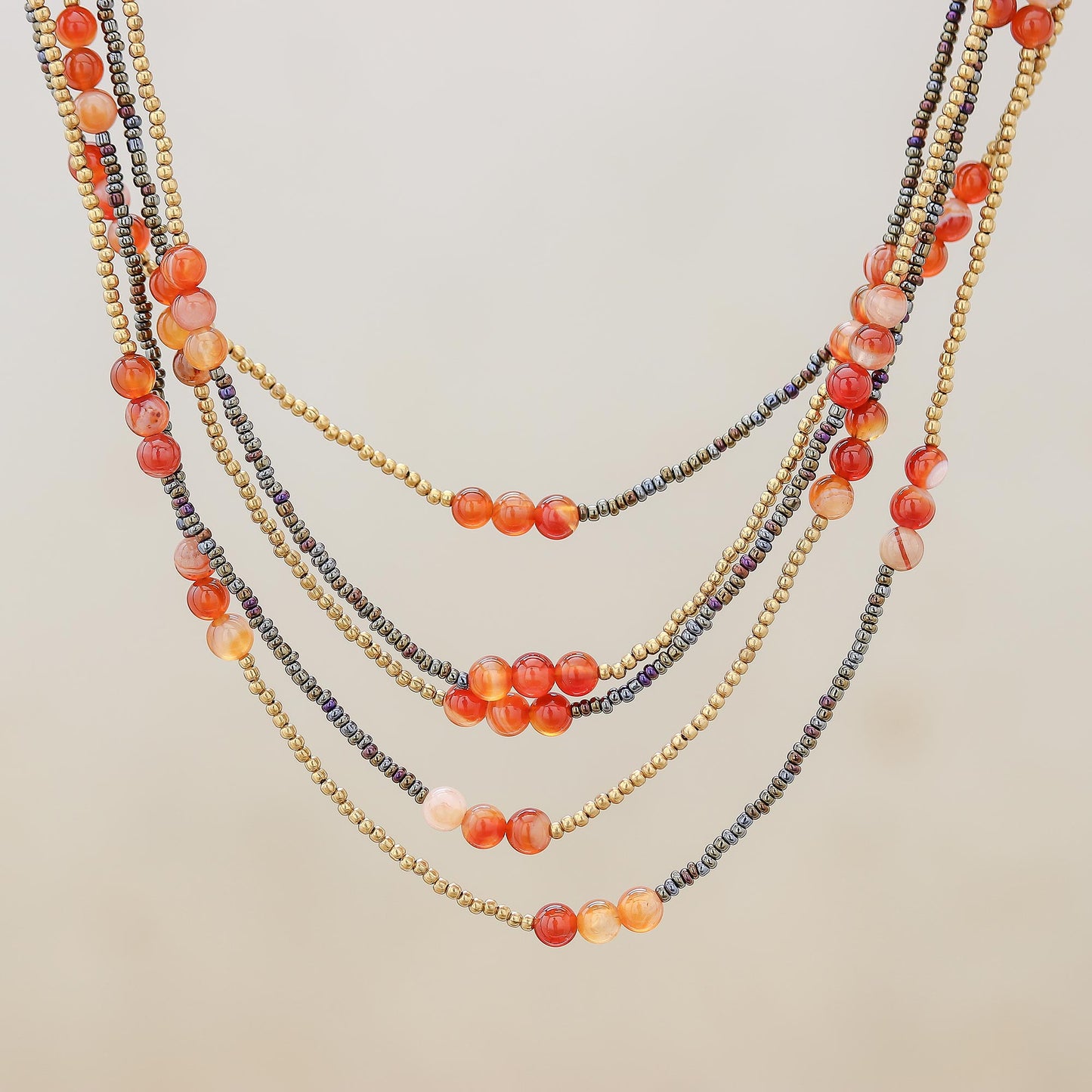 Boho Elegance in Red-Orange Carnelian Beaded Strand Necklace from Thailand