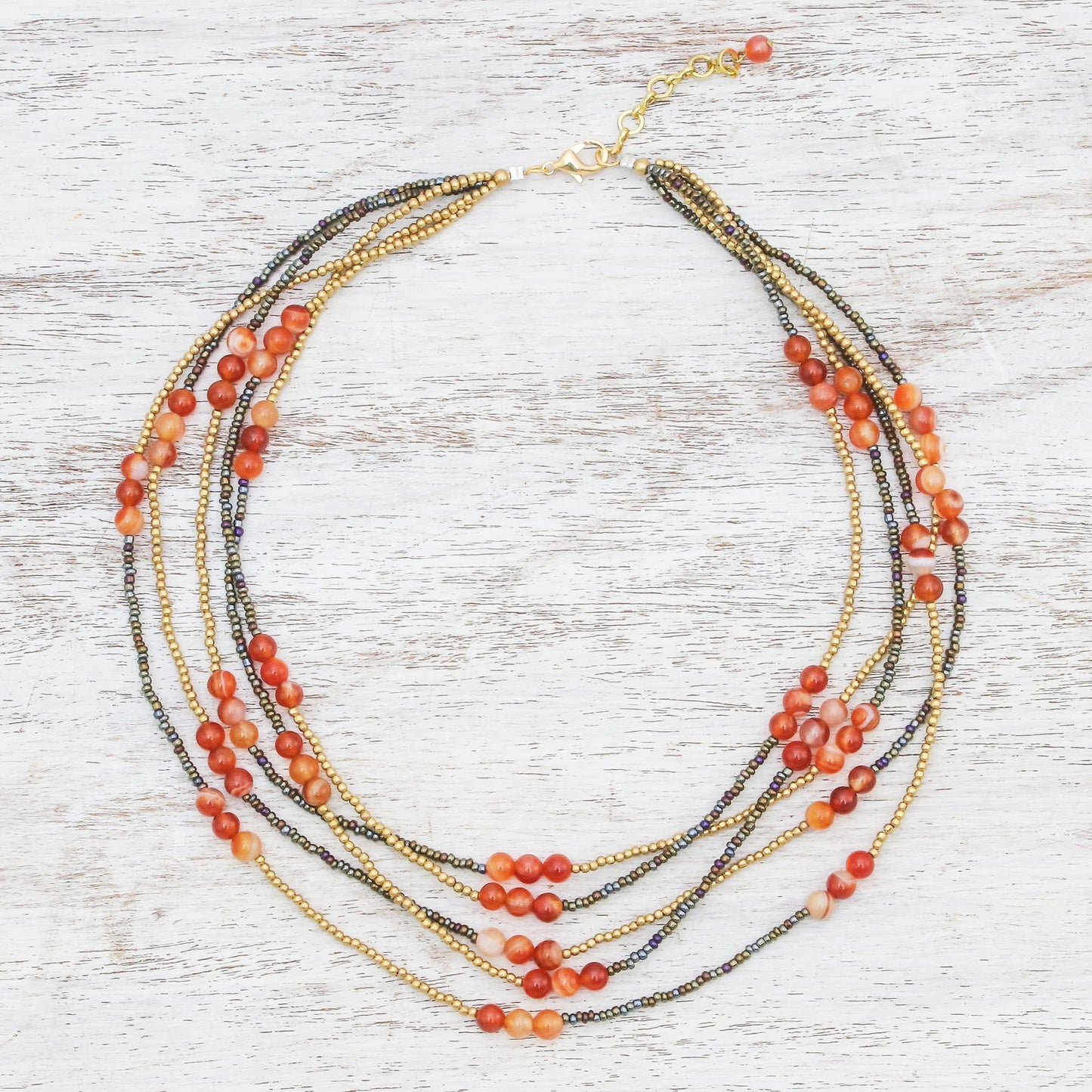 Boho Elegance in Red-Orange Carnelian Beaded Strand Necklace from Thailand