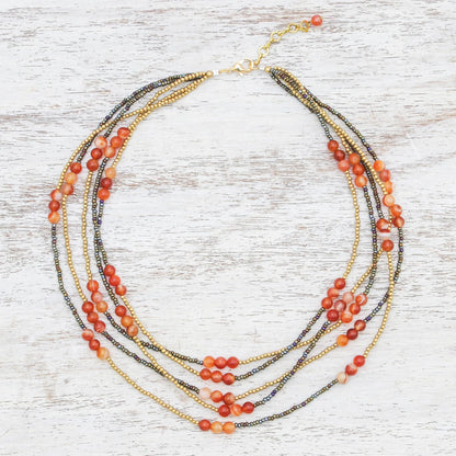 Boho Elegance in Red-Orange Carnelian Beaded Strand Necklace from Thailand