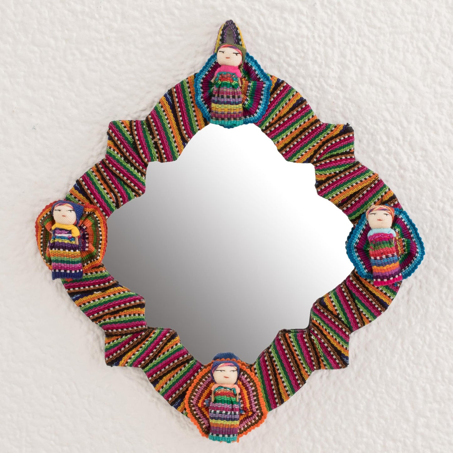 Quitapenas Happiness Handmade Cotton Wall Mirror with Worry Dolls from Guatemala