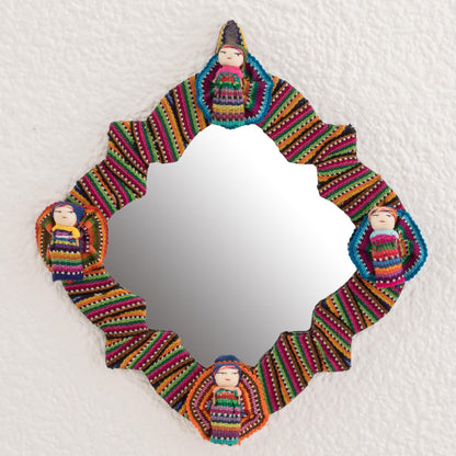 Quitapenas Happiness Handmade Cotton Wall Mirror with Worry Dolls from Guatemala