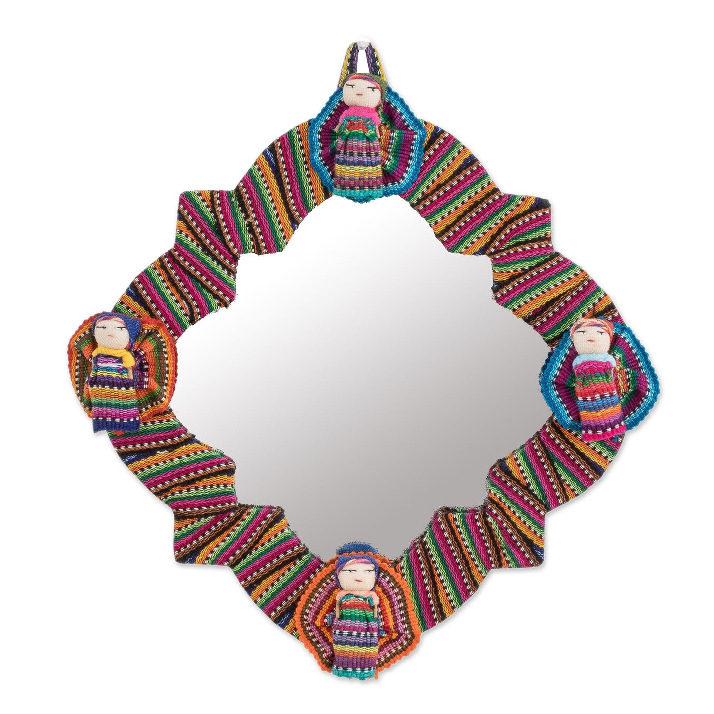 Quitapenas Happiness Handmade Cotton Wall Mirror with Worry Dolls from Guatemala