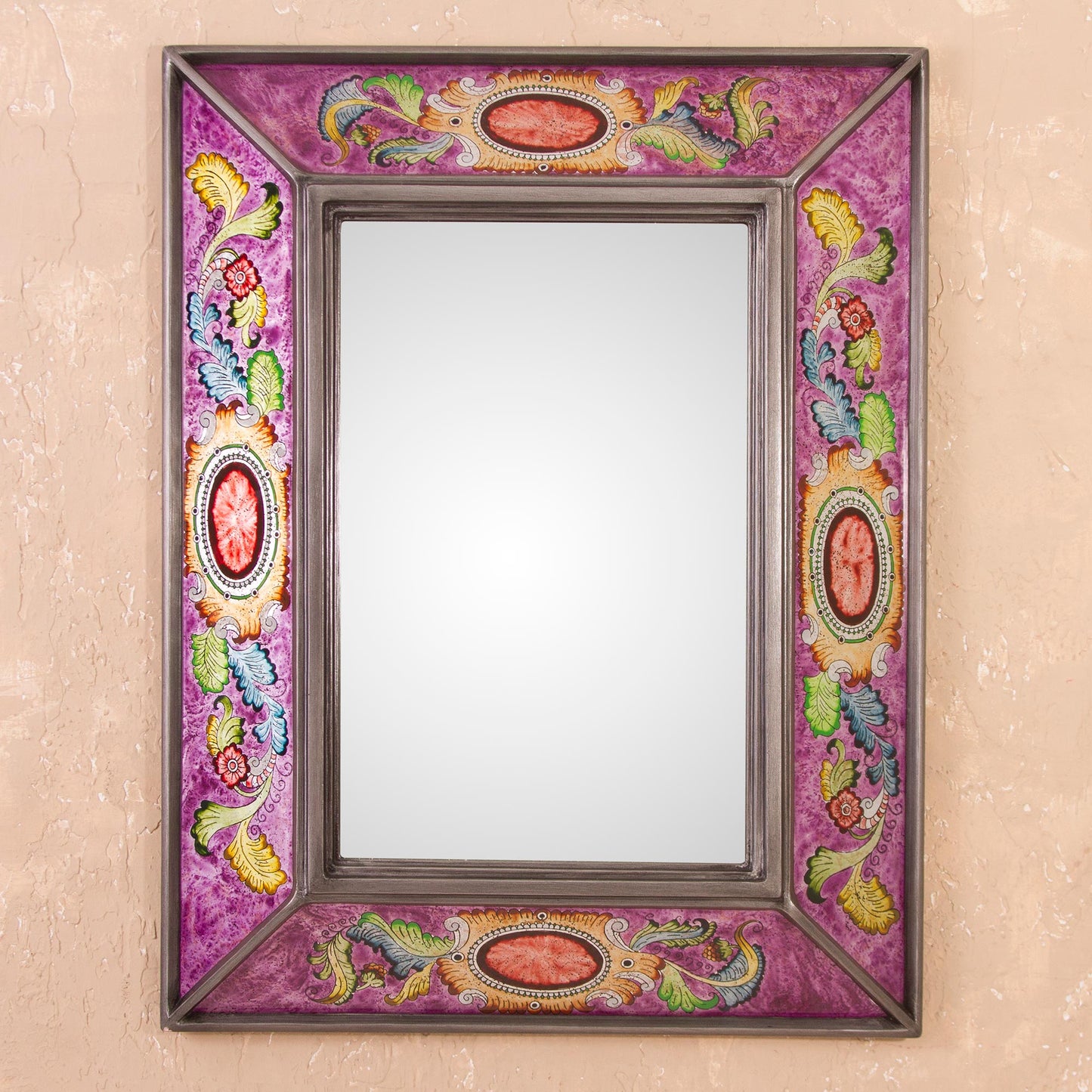 Floral Medallions in Purple Floral Reverse-Painted Glass Wall Mirror in Purple from Peru