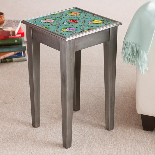 Roses of Spring Floral Reverse-Painted Glass Accent Table from Peru