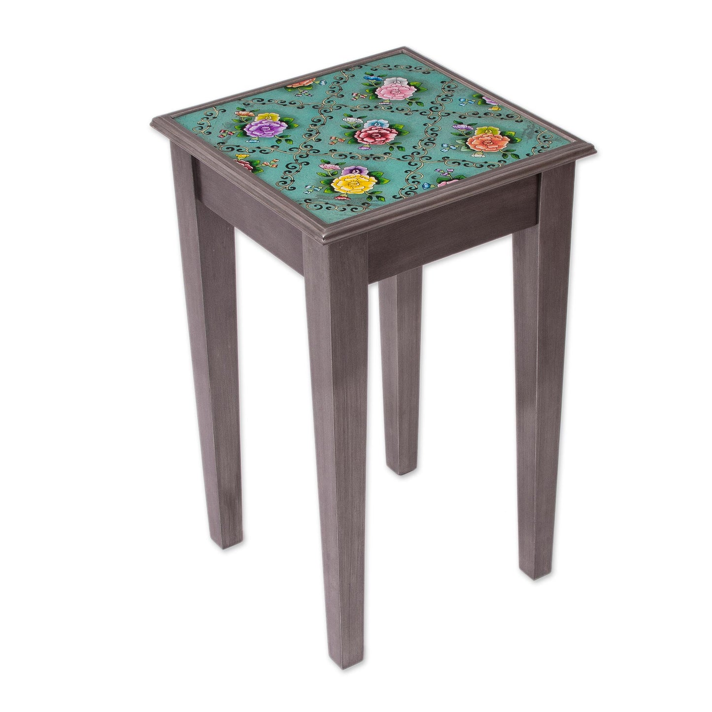 Roses of Spring Floral Reverse-Painted Glass Accent Table from Peru