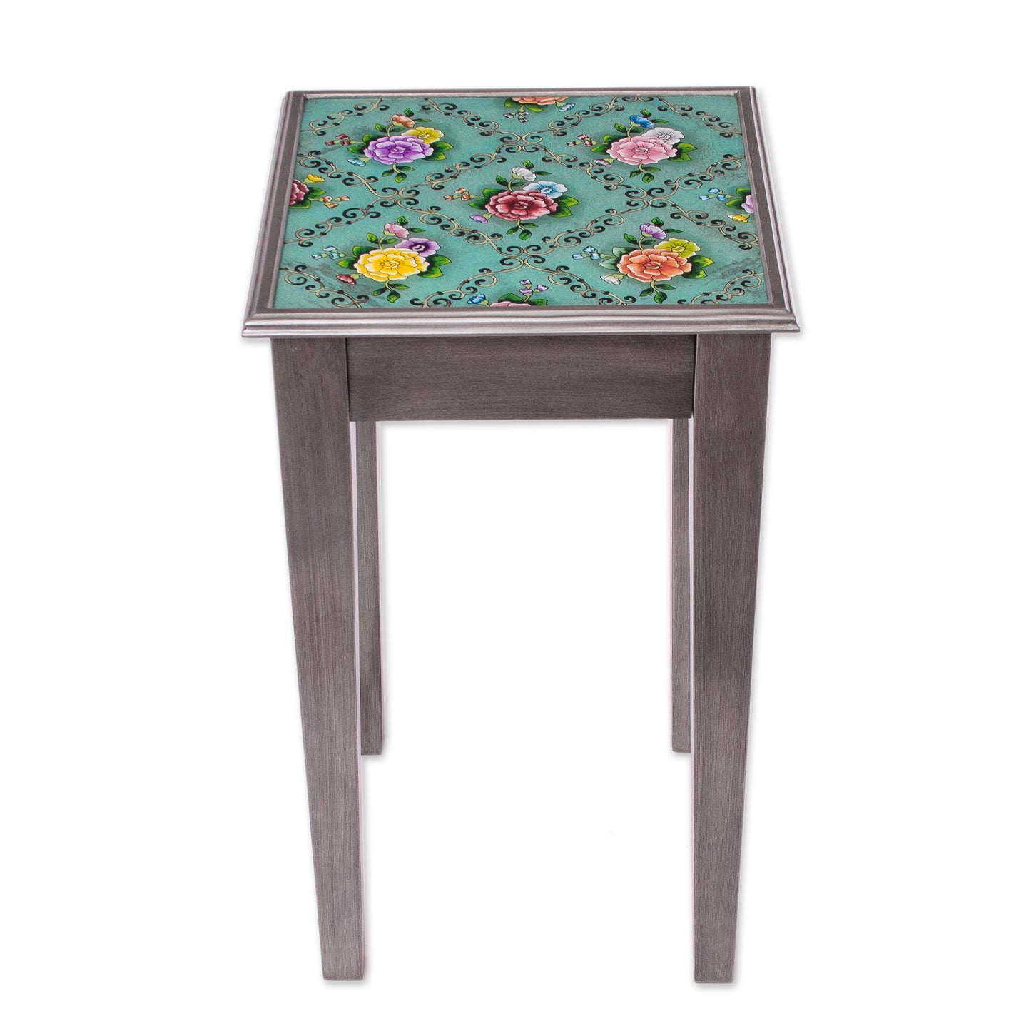 Roses of Spring Floral Reverse-Painted Glass Accent Table from Peru