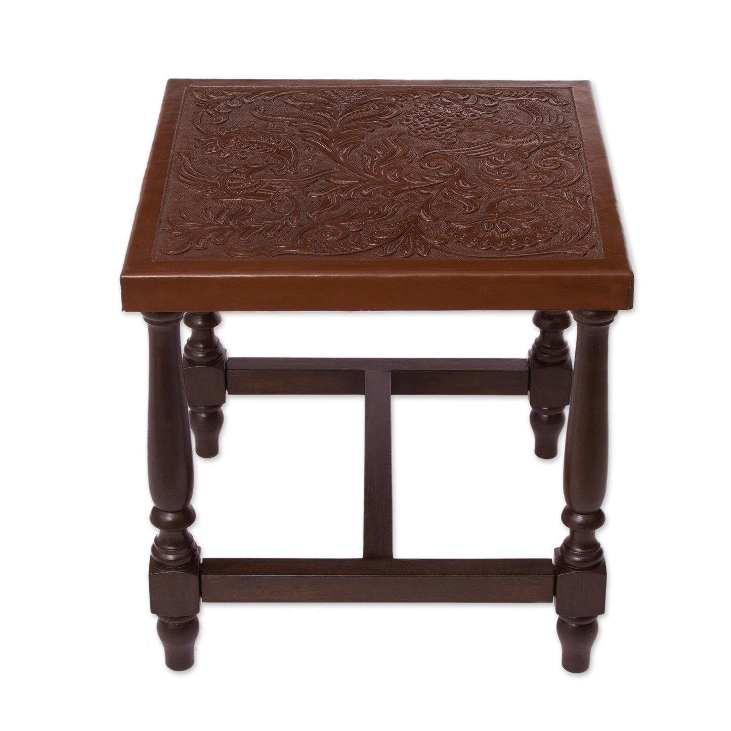 Mountain Garden Brown Nature-Inspired Leather and Wood Table from Peru