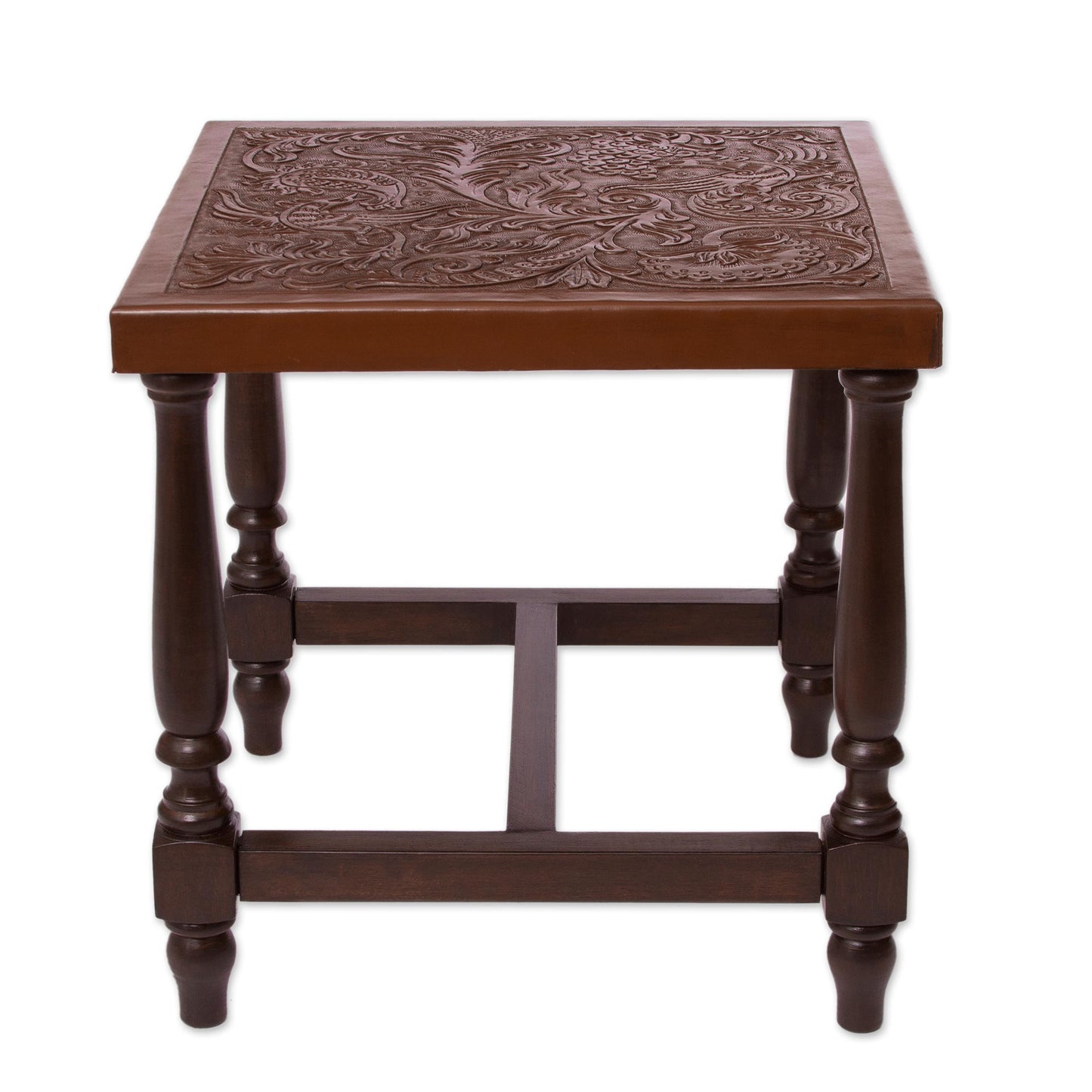 Mountain Garden Brown Nature-Inspired Leather and Wood Table from Peru