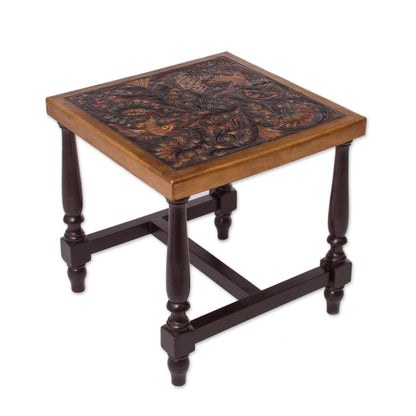 Peacock Garden Colorful Bird and Nature-Inspired Leather and Wood Table