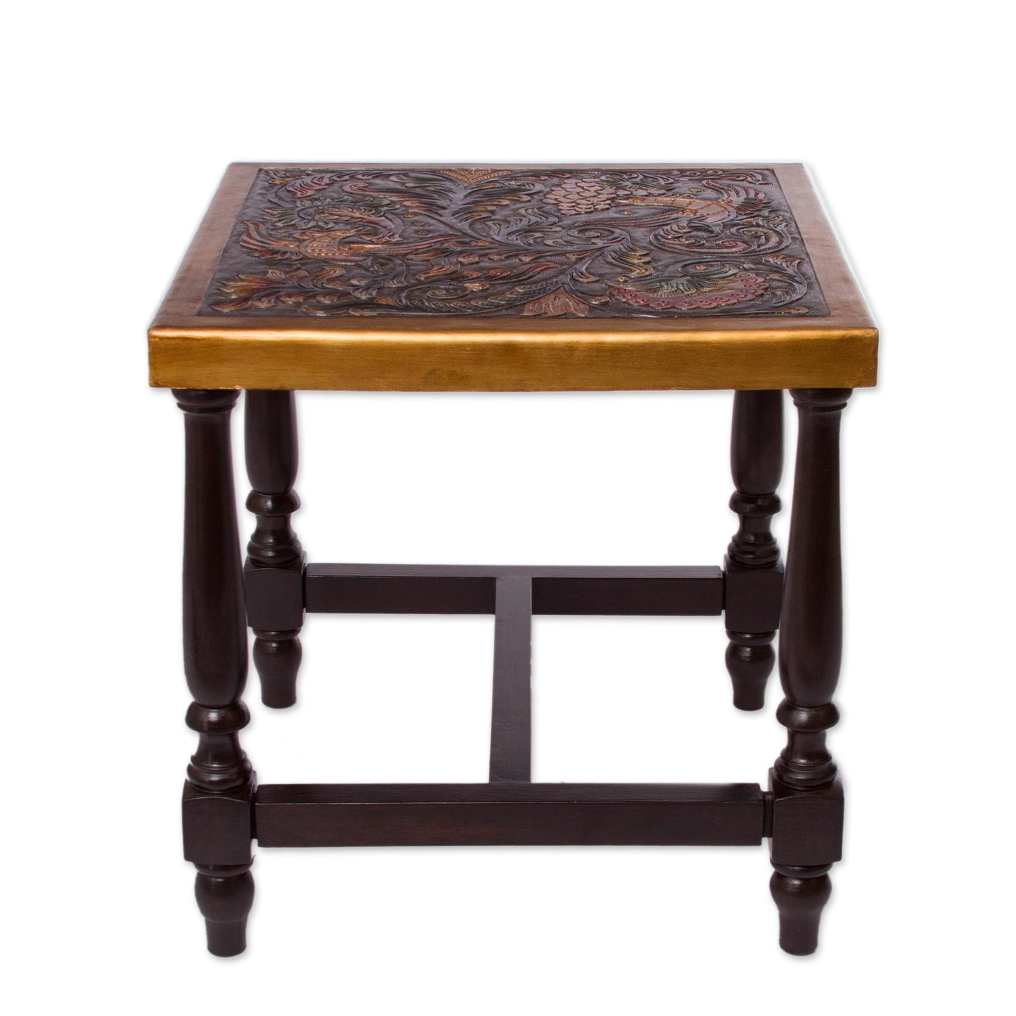 Peacock Garden Colorful Bird and Nature-Inspired Leather and Wood Table