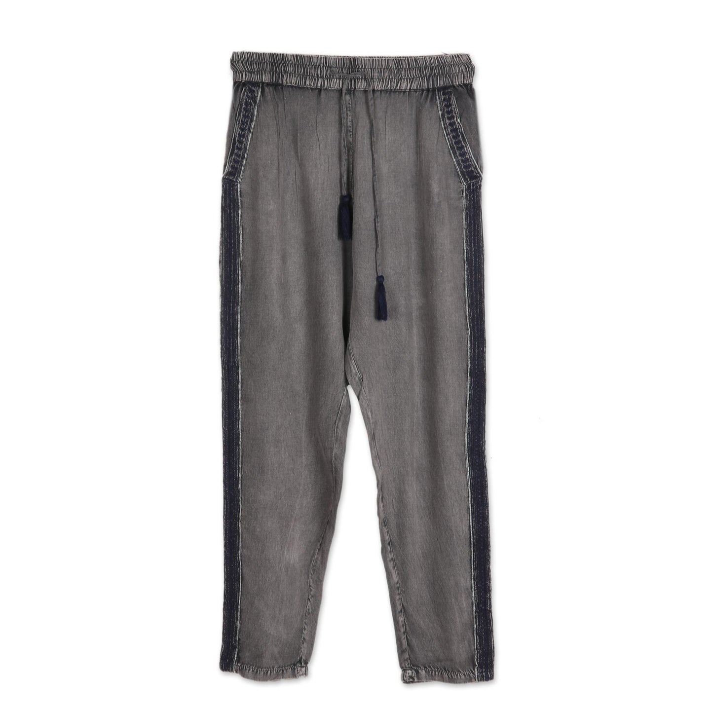 Navy Sophistication Dusty Grey Viscose Pants with Navy Stripes from India