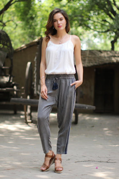 Navy Sophistication Dusty Grey Viscose Pants with Navy Stripes from India