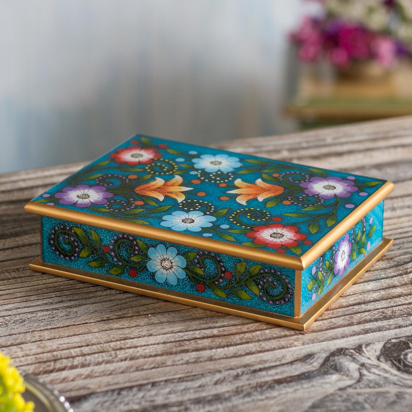 Margarita Garden in Blue Floral Reverse-Painted Glass Decorative Box in Blue