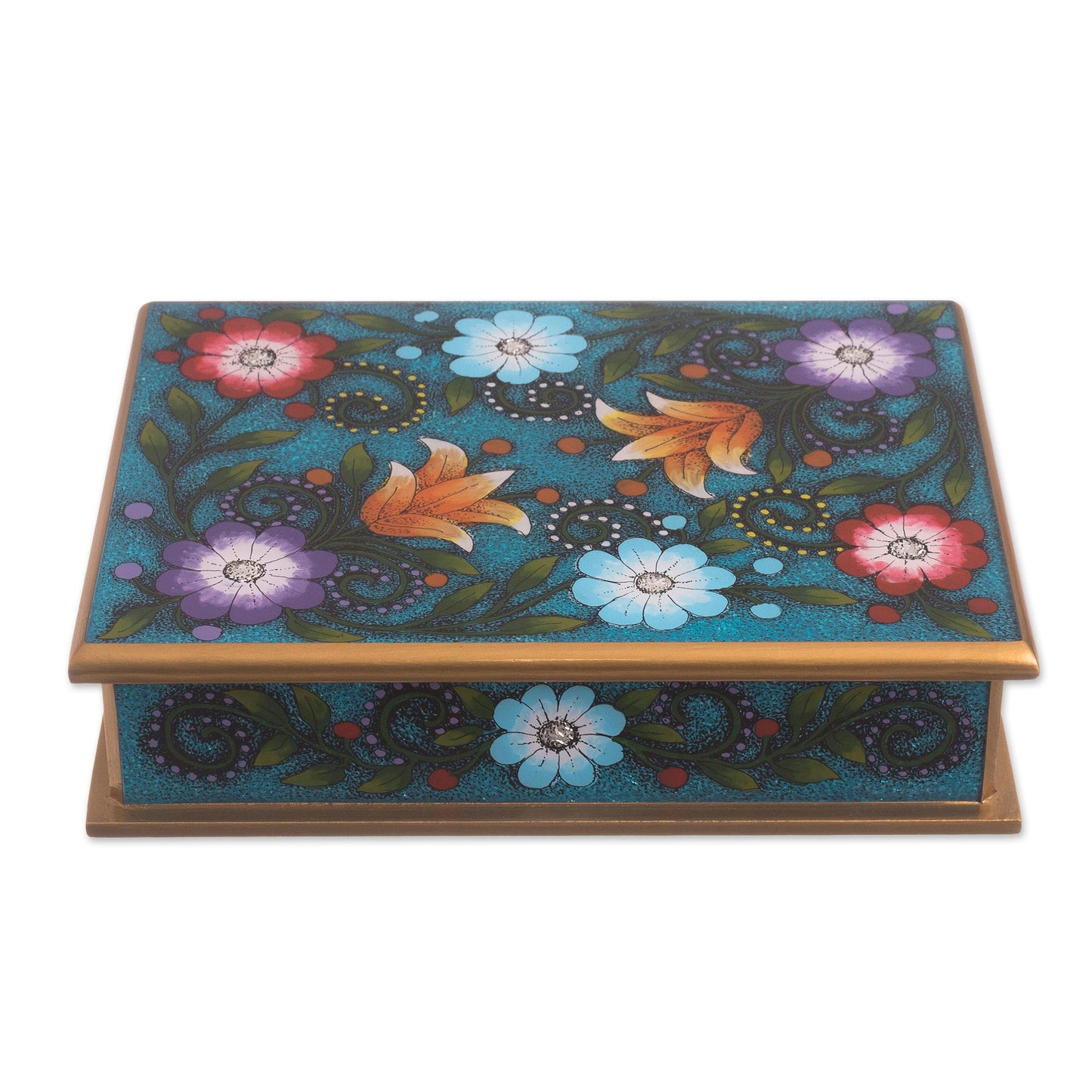 Margarita Garden in Blue Floral Reverse-Painted Glass Decorative Box in Blue