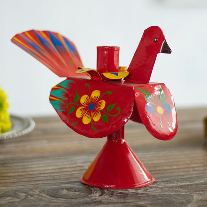 Floral Peacock in Red Recycled Metal Peacock Candle Holder in Red from Peru