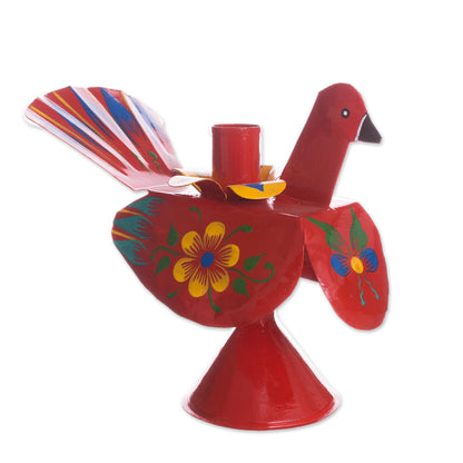 Floral Peacock in Red Recycled Metal Peacock Candle Holder in Red from Peru