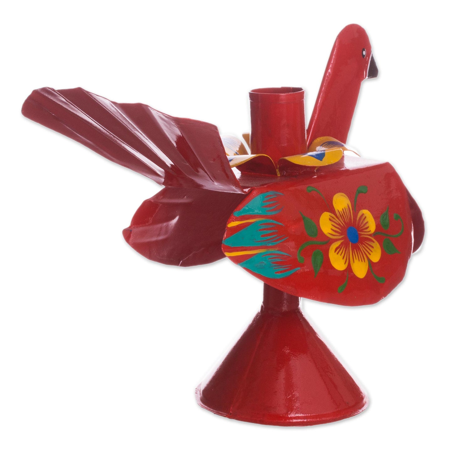 Floral Peacock in Red Recycled Metal Peacock Candle Holder in Red from Peru