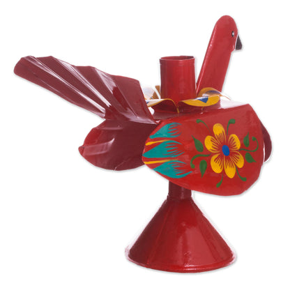 Floral Peacock in Red Recycled Metal Peacock Candle Holder in Red from Peru