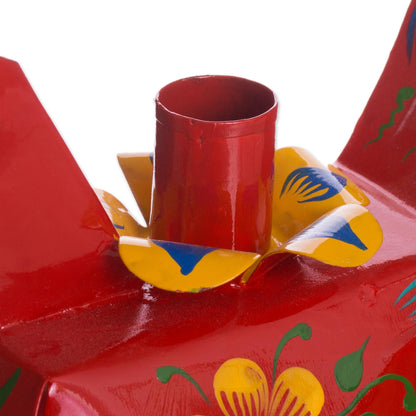 Floral Peacock in Red Recycled Metal Peacock Candle Holder in Red from Peru