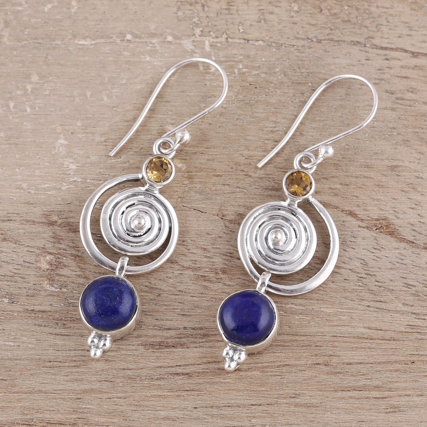 Gemstone Swirl Swirl Pattern Lapis Lazuli and Citrine Dangle Earrings