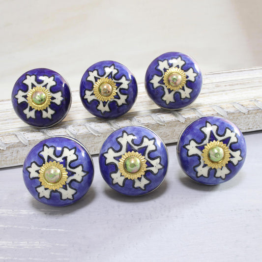 Starry Brilliance Star Motif Ceramic Knobs from India (Set of 6)